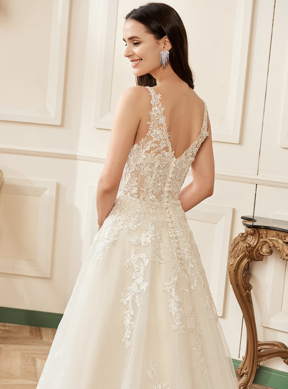 Wedding Dress V-Neckline A-Line Lace Straps Bridal Gown