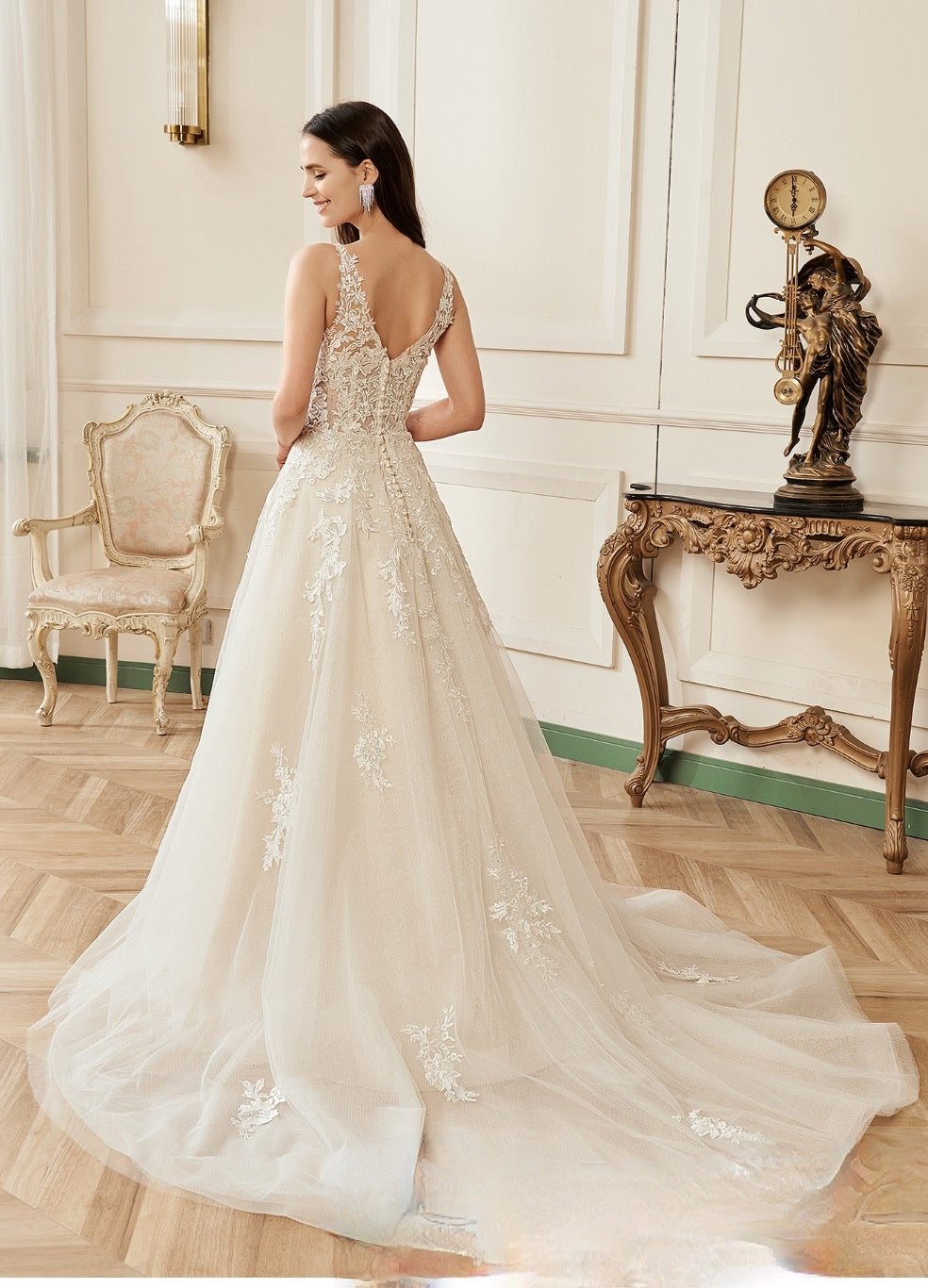 Wedding Dress V-Neckline A-Line Lace Straps Bridal Gown