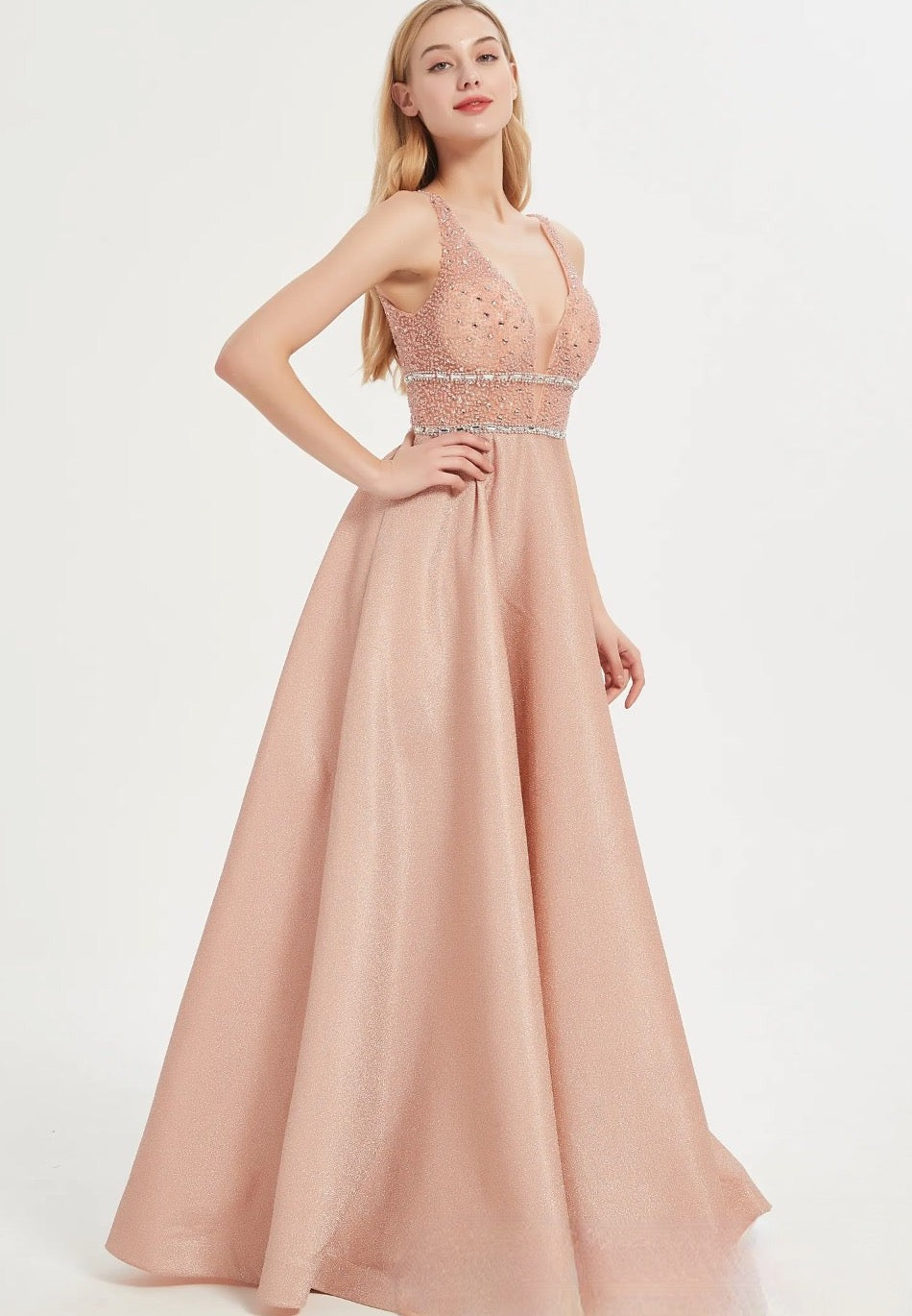 Vestidos de dama de honor brillantes con escote en V y corpiño de cuentas