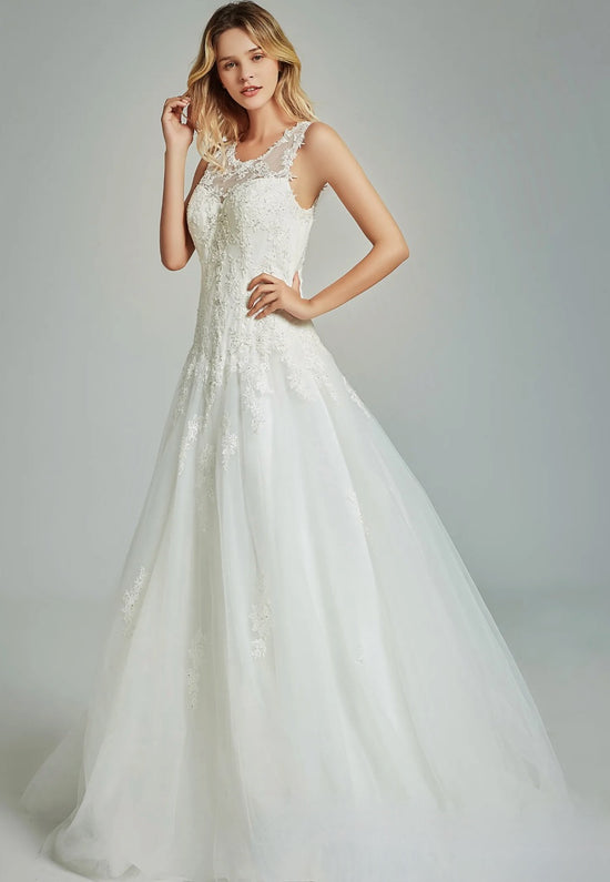 Elegant A-Line Sheer Back Bridal Gown With Appliques