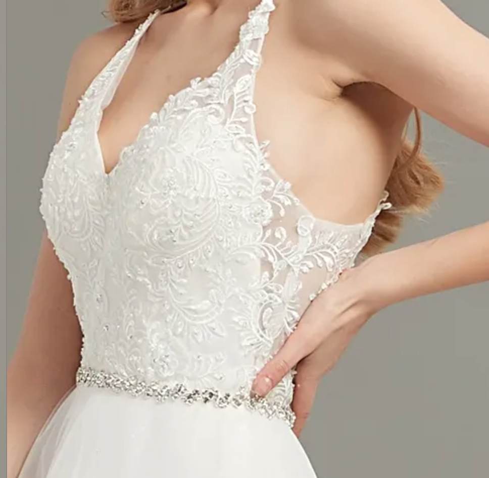 Romantic Open Back V-Neck Wedding Gown With Beaded Belt