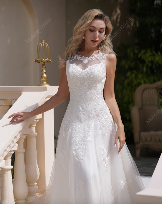Soft Tulle A-Line Wedding Dress  Illusion Neckline And Sheer Back