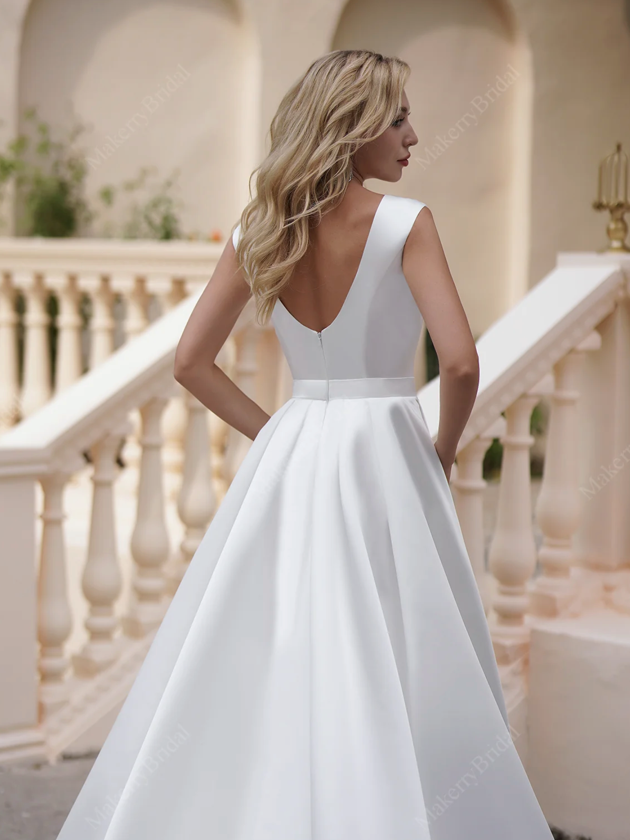 Simple Long Satin A Line Wedding Dress With Pockets
