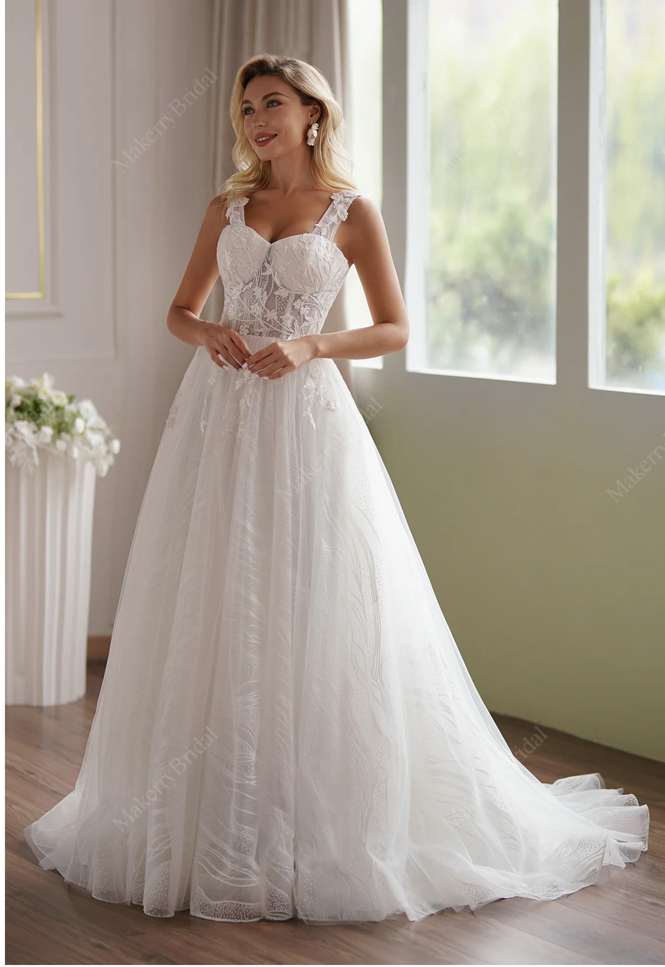 Romantic A Line Lace Champagne Off Shoulder Bridal Dress