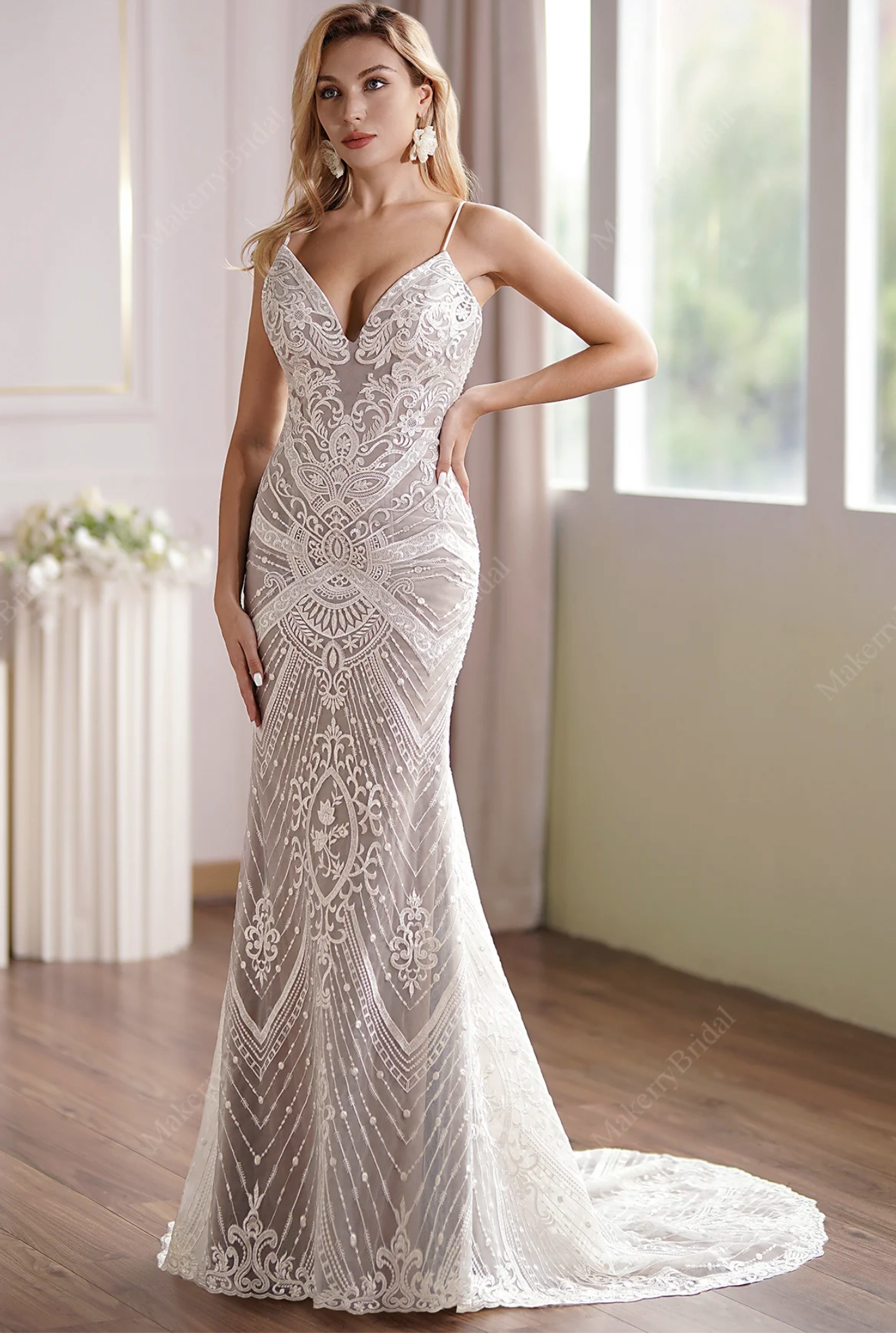 Lace Fit-and-Flare Wedding Gown With Plunging Neckline