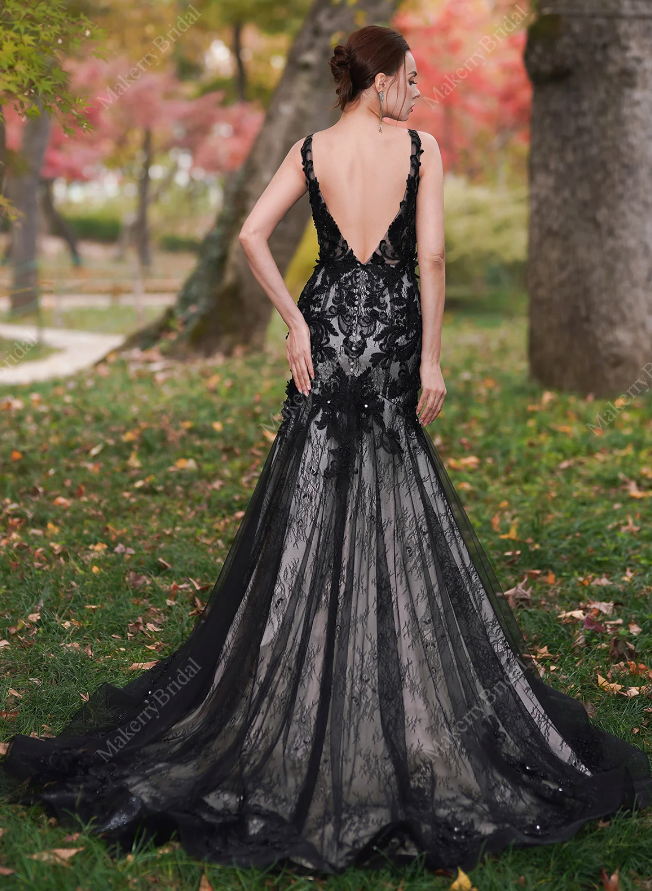 Black Flower Wedding Dress With Illusion Detachable Sleeves