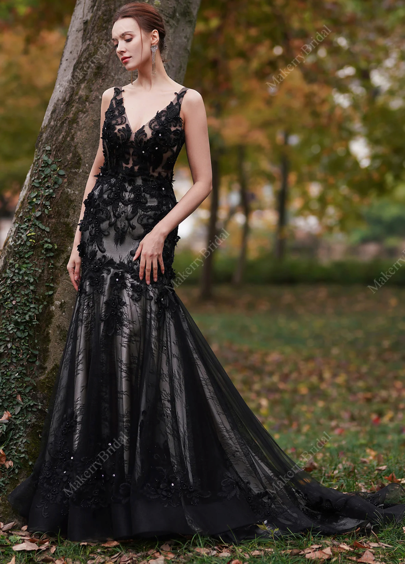 Black Flower Wedding Dress With Illusion Detachable Sleeves