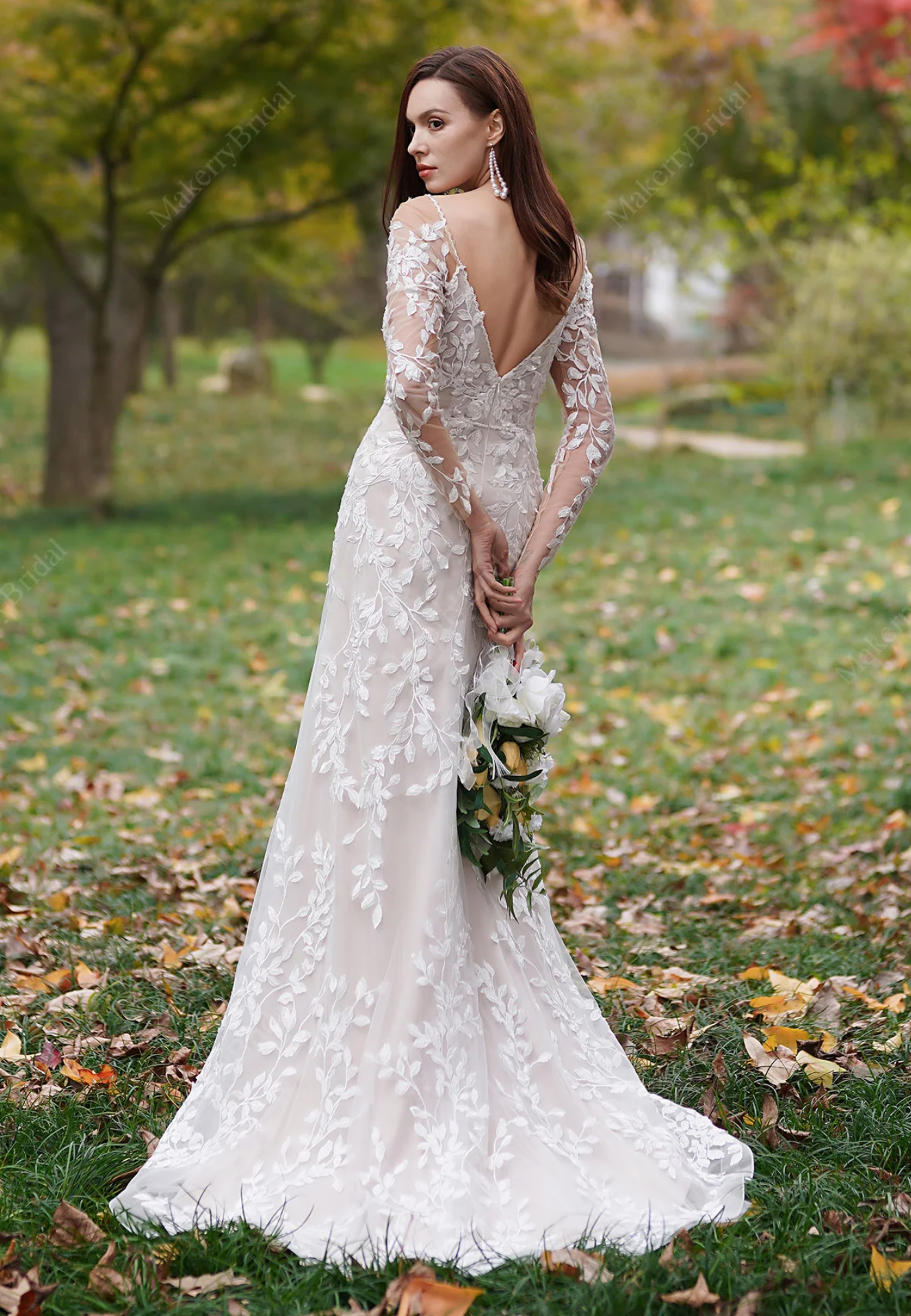 Wedding Dress 3D Lace Hand Beaded Bridal Gown With Sleeves, This gown is adorned with romantic details, featuring a plunging demi-sheer illusion neckline