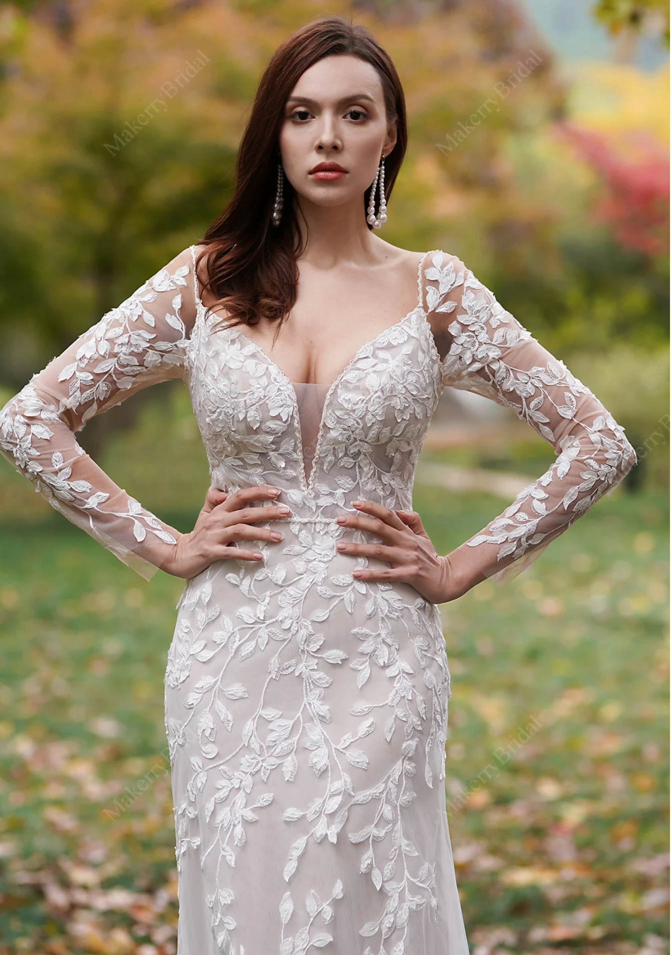 Wedding Dress 3D Lace Hand Beaded Bridal Gown With Sleeves, This gown is adorned with romantic details, featuring a plunging demi-sheer illusion neckline