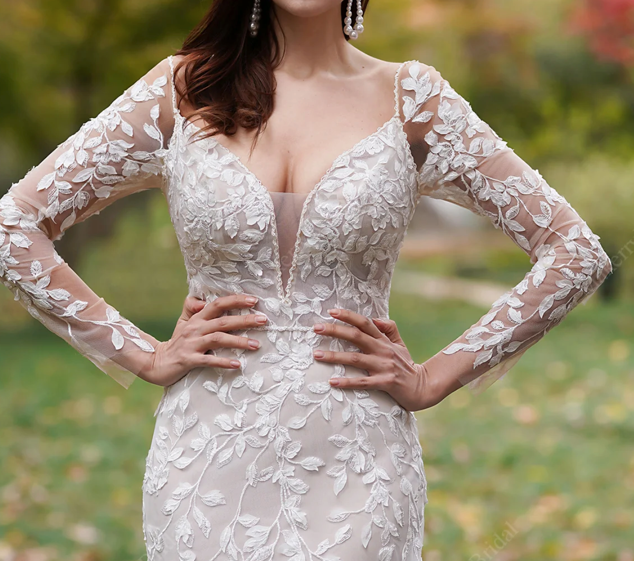Wedding Dress 3D Lace Hand Beaded Bridal Gown With Sleeves, This gown is adorned with romantic details, featuring a plunging demi-sheer illusion neckline