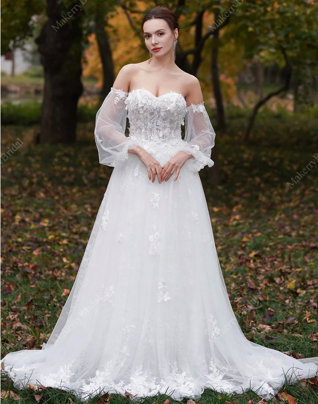 Wedding Dress Beaded Three-Dimensional Floral Lace Bridal Gown, This ball gown showcases a sheer corset bodice with a sweetheart neckline. T