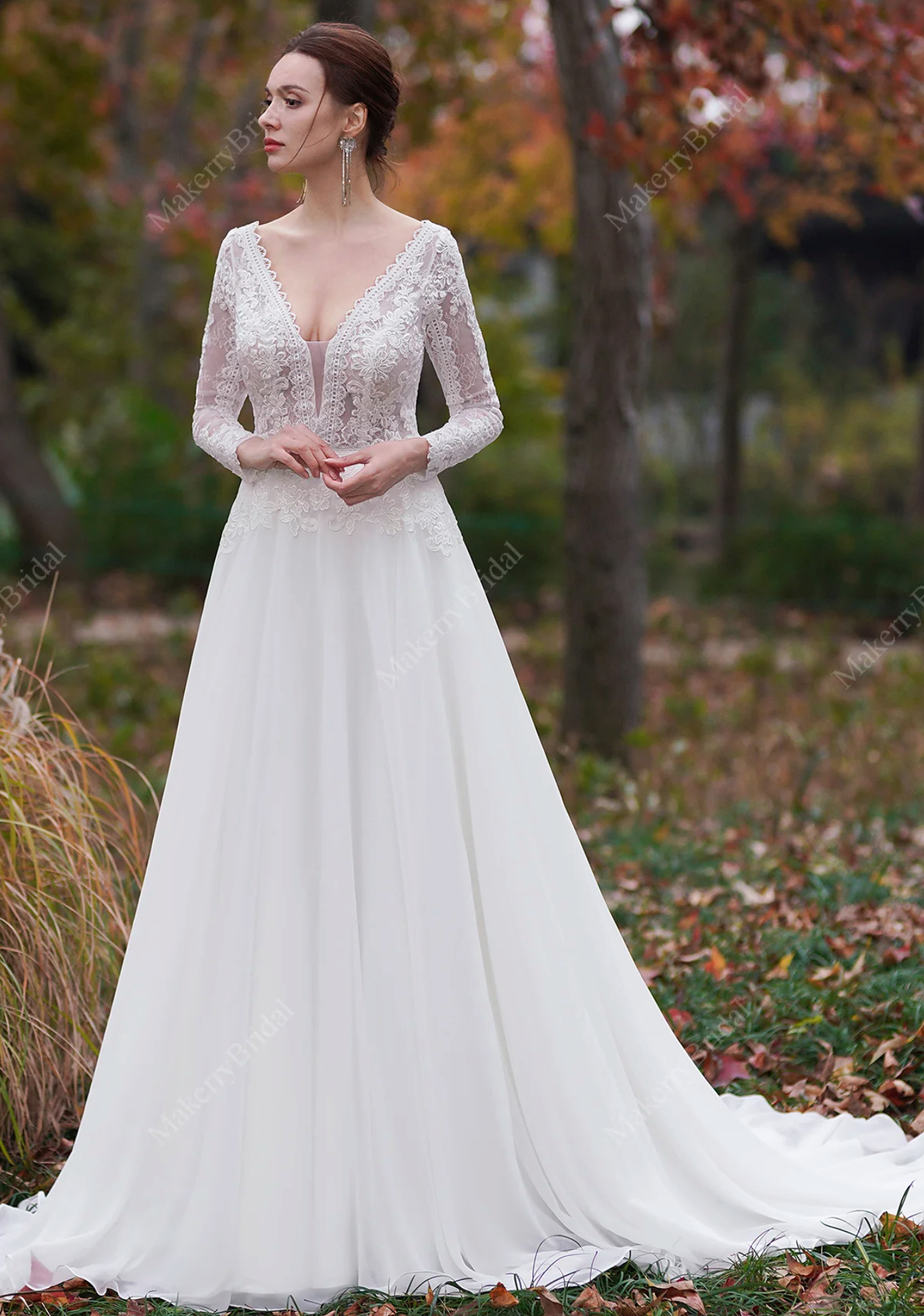 Wedding Dress A-Line Lace Chiffon Bridal Gown With Train