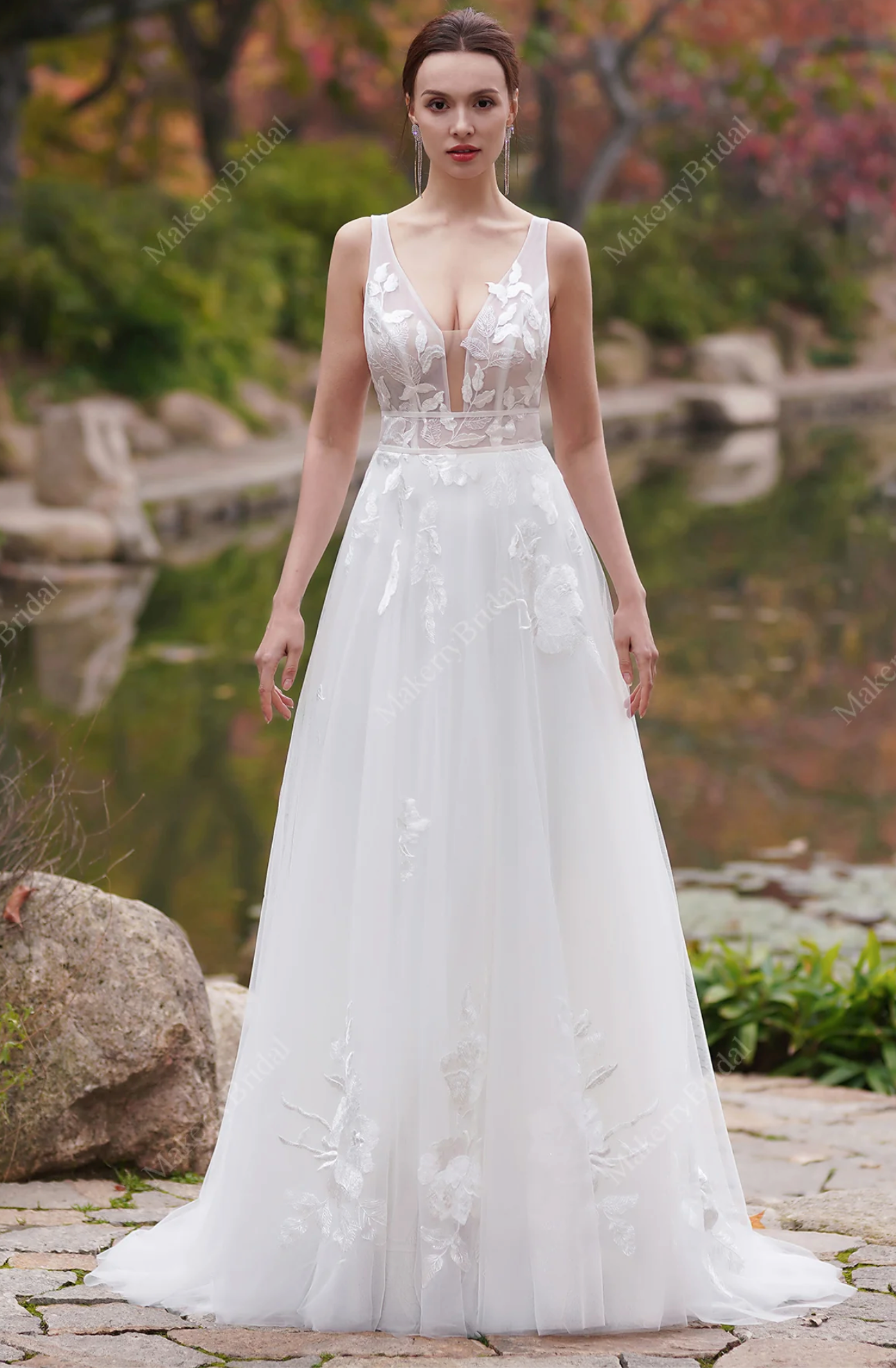 Wedding Dress A-Line Floral Tulle Ribbon Boho Gown