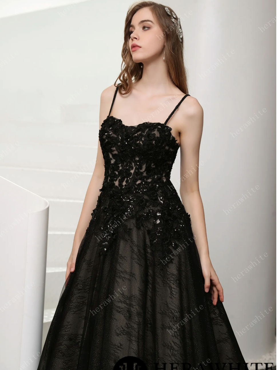 Black Wedding Dress Sparkle Swiss Tulle A Line Bridal Gown, this black wedding dress is dark and dreamy vision in romantic lace