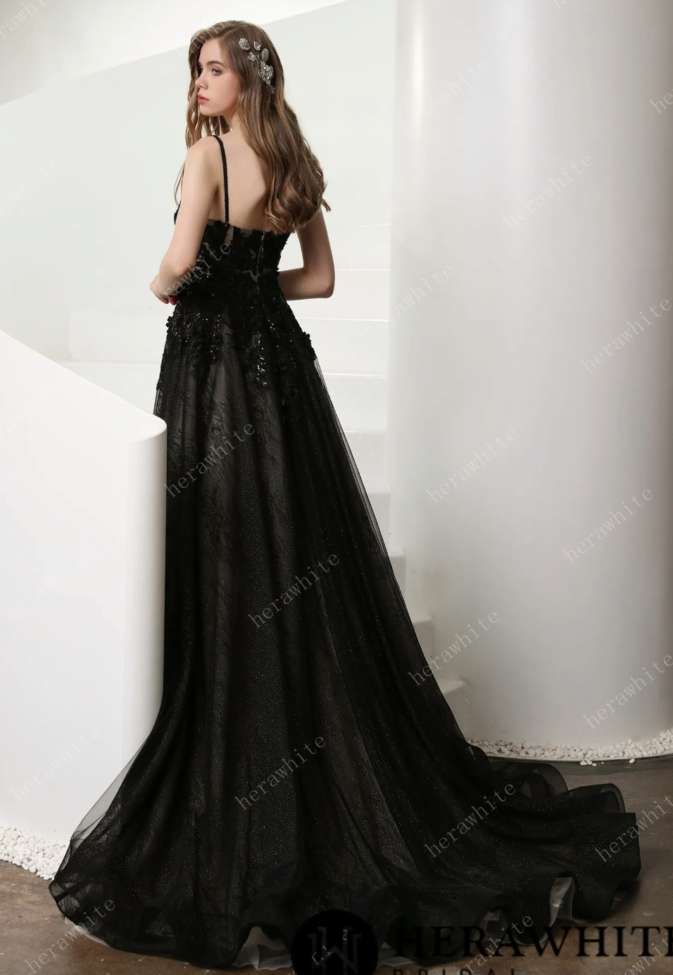 Black Wedding Dress Sparkle Swiss Tulle A Line Bridal Gown, this black wedding dress is dark and dreamy vision in romantic lace