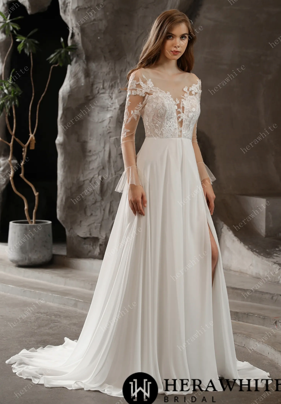 Chiffon Wedding Dress A Line Sequined Lace Bridal Gown,  look ethereal and romantic in this A-line wedding dress.The Illusion bodice features sheer plunging