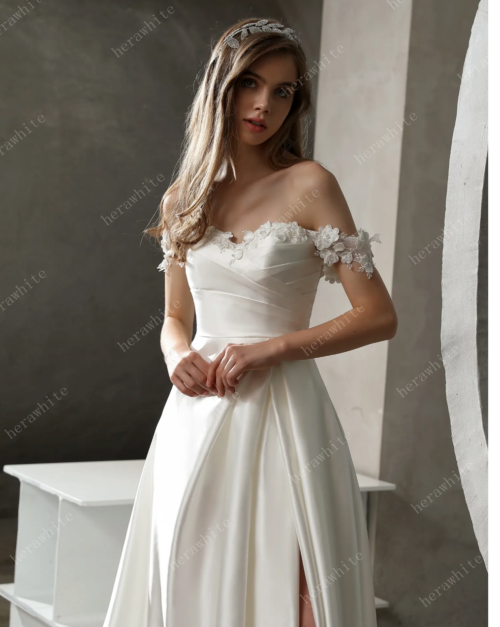 A Line Satin Off The Shoulder Wedding Dress With Slit A Line Satin Off The Shoulder Wedding Dress With Slit
