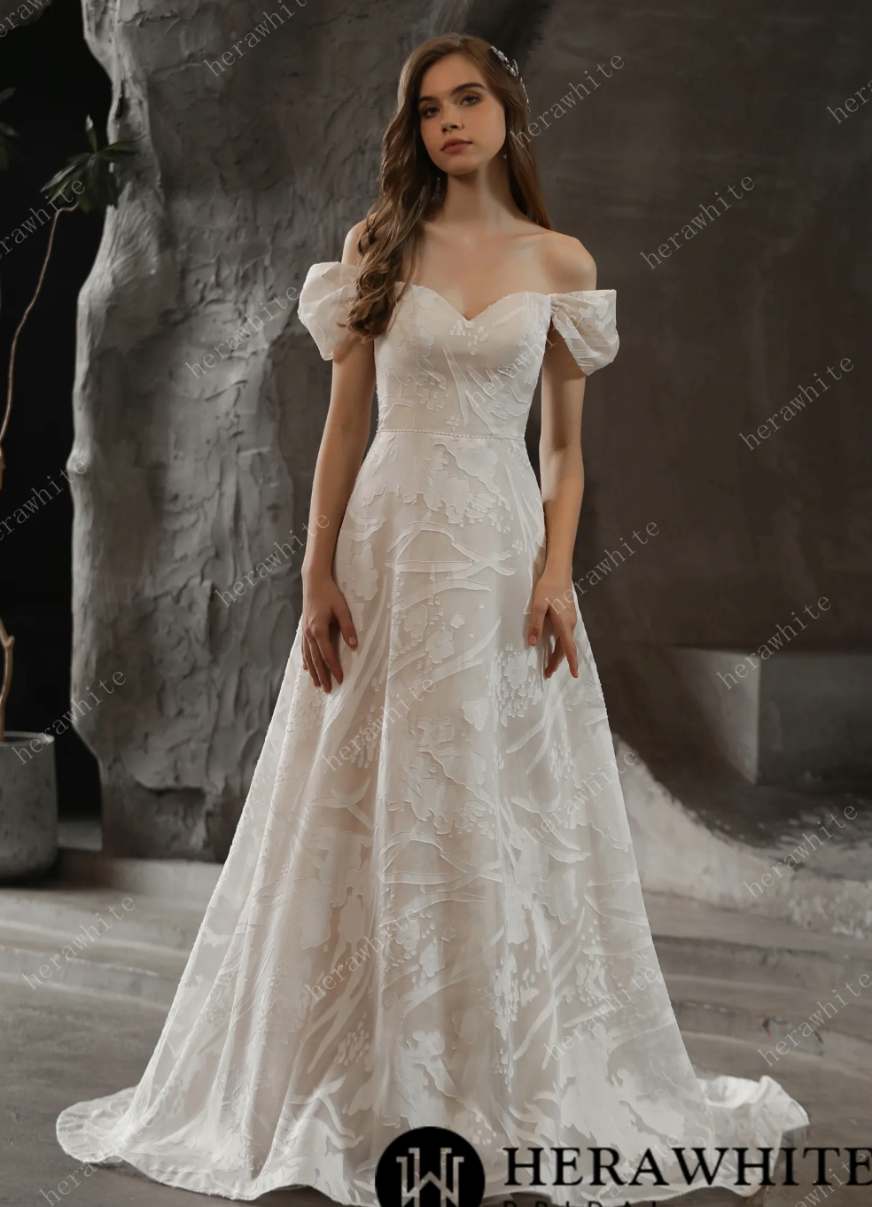 A Line Lace Wedding Dress Tulle Netting Bridal Gown, a feminine allover lace is featured on this easy going A-line wedding dress