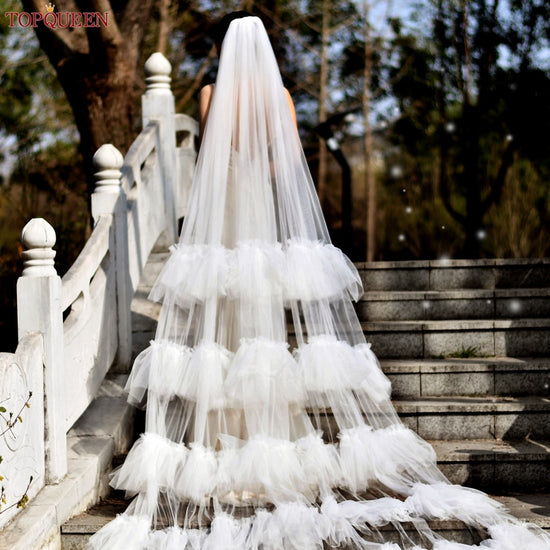 3Meter Bridal Veil Ruffles Tulle Cathedral Length Veil Single Tier