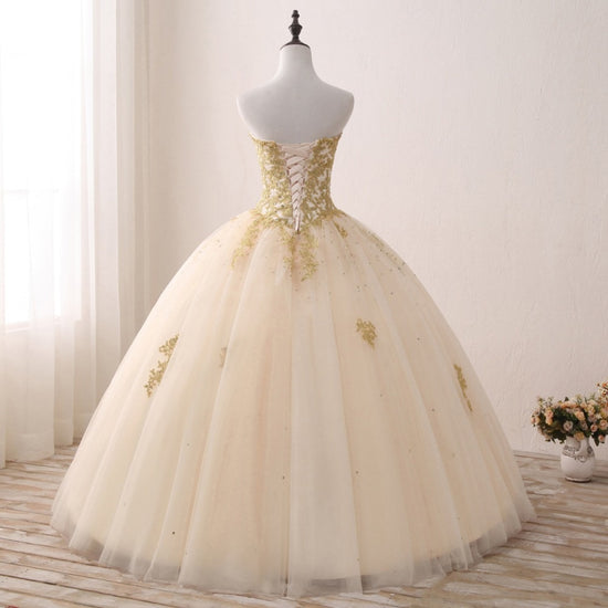 Gold Princess Ball Gown Quinceañera Lace Appliques Beaded Ball Gown - TulleLux Bridal Crowns &  Accessories 