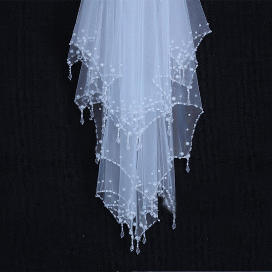 Elbow Length Crystal Rhinestone & Pearls Beaded Edge 2 Layer Wedding Veils with Comb - TulleLux Bridal Crowns &  Accessories 