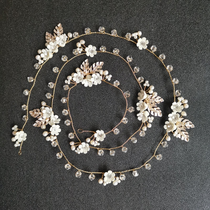 Rhinestone Crystal Freshwater Pearls Wedding Headband Bridal Hair Vine - TulleLux Bridal Crowns &  Accessories 