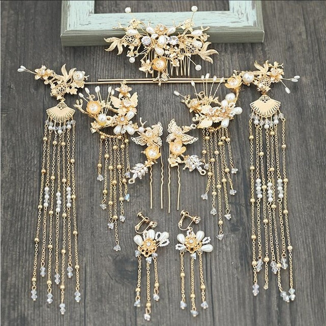 Luxury Chinese Bridal Headband Costume Gold Fan Hairpin Pearls Wedding Crown Long Tassel - TulleLux Bridal Crowns &  Accessories 