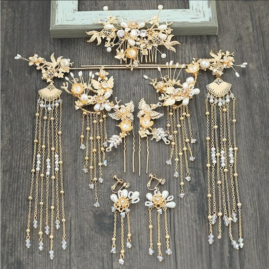 Luxury Chinese Bridal Headband Costume Gold Fan Hairpin Pearls Wedding Crown Long Tassel - TulleLux Bridal Crowns &  Accessories 
