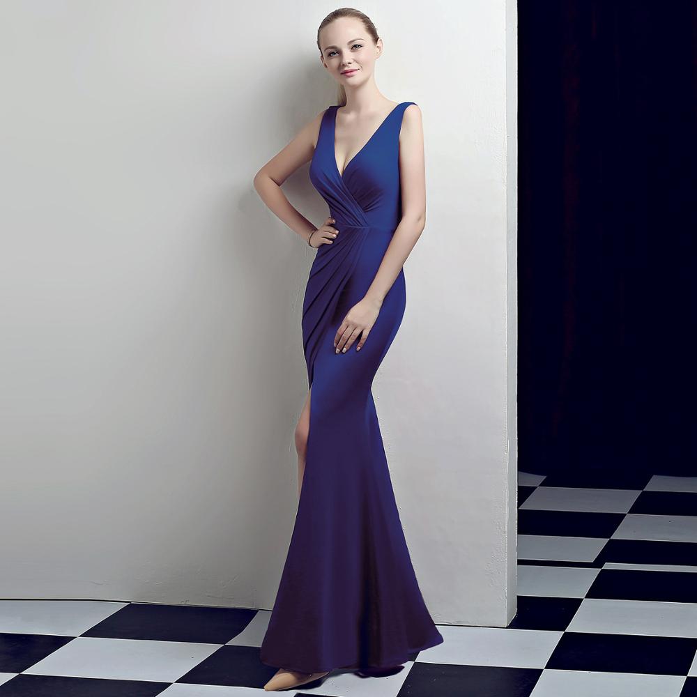 Sexy Mermaid V-Neck Evening Pageant Dress Gown Pleated Waist High Slit - TulleLux Bridal Crowns &  Accessories 