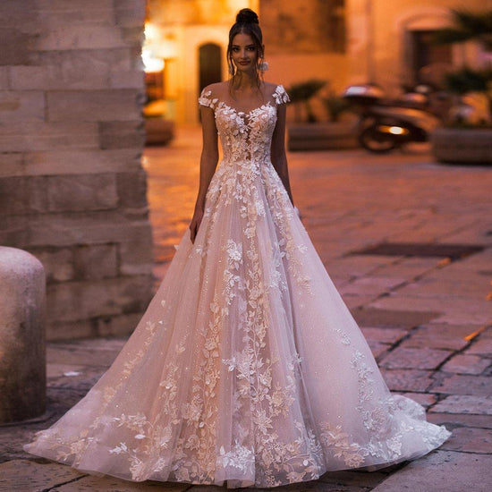 Lace Cap Sleeve A Line Bridal Wedding Ball Gown with Court Train - TulleLux Bridal Crowns &  Accessories 