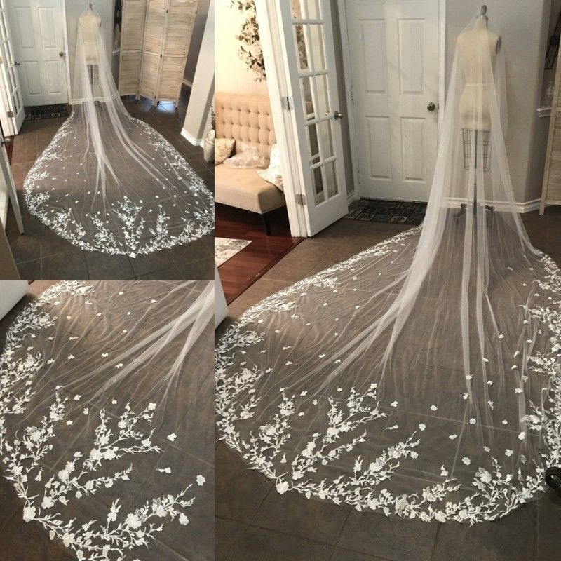Wedding Veil Cathedral Length One Layer Lace Bridal Accessory, Look beautiful in this romantic Small Flowers Lace One Layer Cathedral Bridal Veil With Hair Comb.