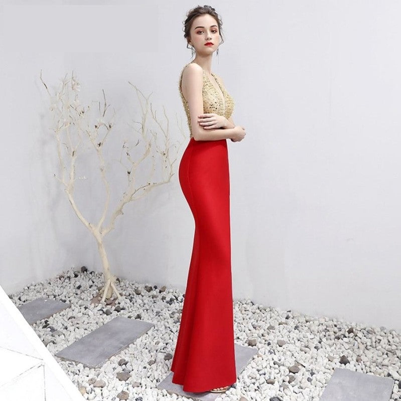 V-Neck  Floor-Length  Trumpet / Mermaid  Red Gold Prom Pageant Dress - TulleLux Bridal Crowns &  Accessories 