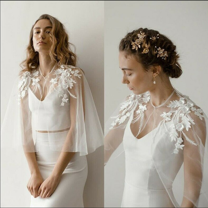 Tulle Lace Bridal Shoulder Shawl Boho Wedding Gown Accessory, Delicate romantic removable lace shoulder shawl with tiny neck closure, a bridal gown accessory