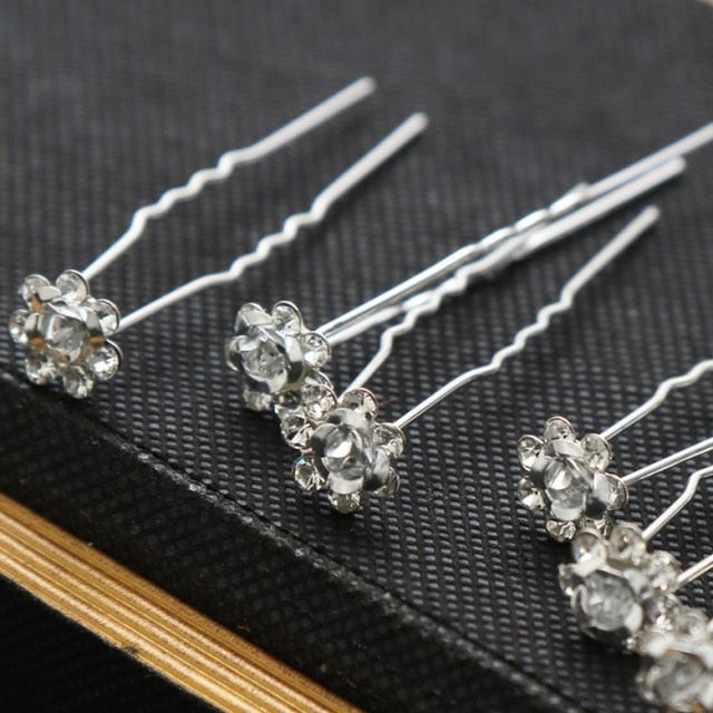 10PCS  Bridal U-Shaped Pin Pearl-Encrusted Zircon Flower Hairpin Wedding Accessory - TulleLux Bridal Crowns &  Accessories 