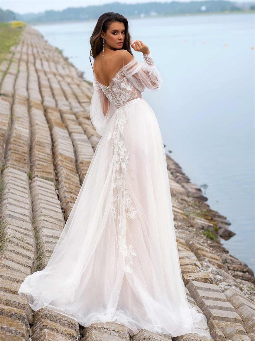 Off Shoulder Bohemian A Line Tulle Lace Princess Bridal Wedding Dress Ivory 14