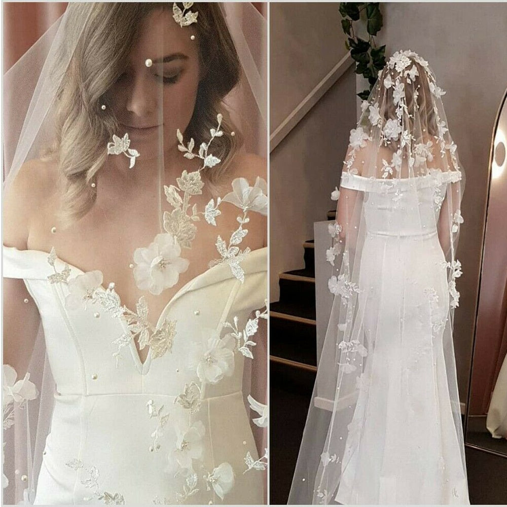 Appliques Wedding Veil 3D Flowers Pearls Cathedral Chapel Length Elegant Bridal Veil - TulleLux Bridal Crowns &  Accessories