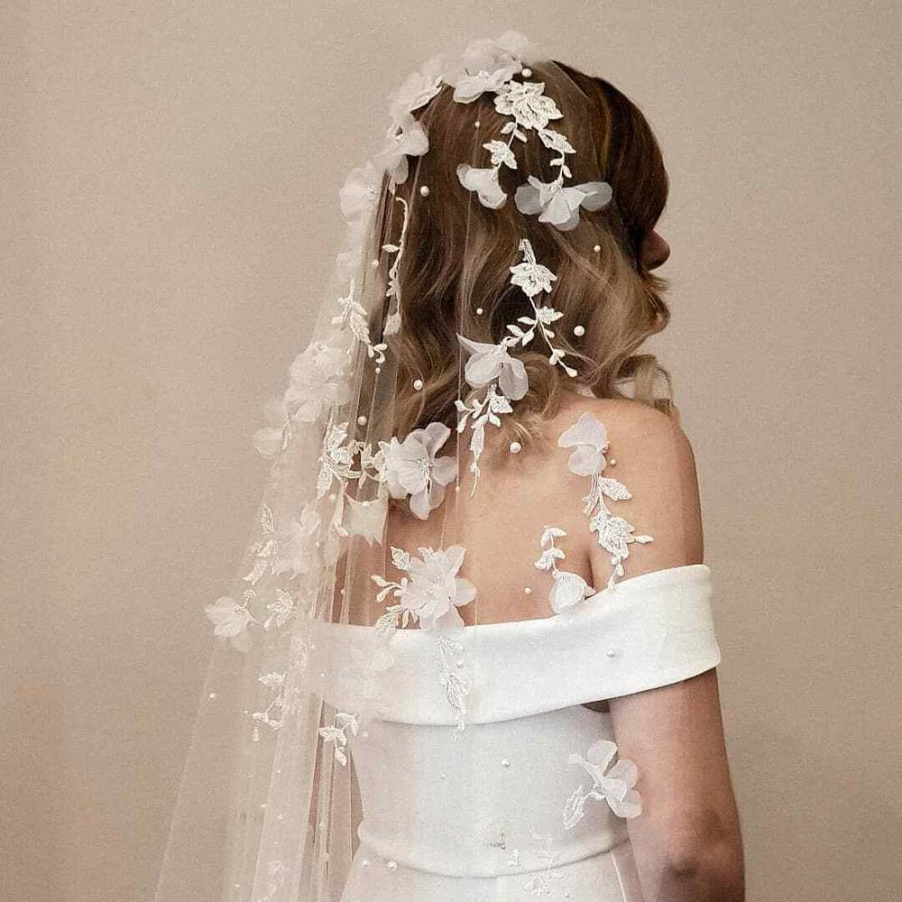 Appliques Wedding Veil 3D Flowers Pearls Cathedral Chapel Length Elegant Bridal Veil - TulleLux Bridal Crowns &  Accessories