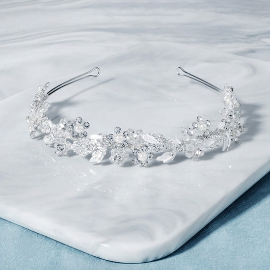 Flower Wedding Crown Tiara Crystal Pearl Bridal Wedding Headband - TulleLux Bridal Crowns &  Accessories 