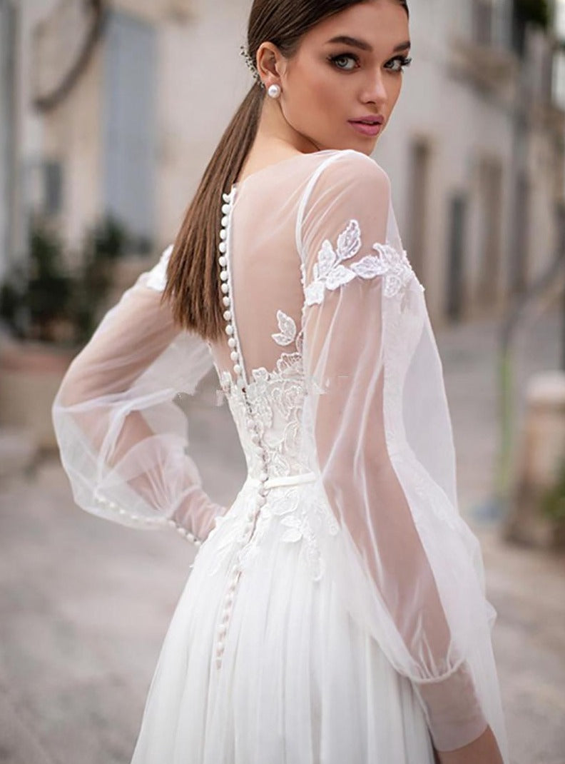 Tulle Lace Boho Wedding Dress Long Puff Lace Sleeves Button Back Vestido De Noiva Bridal Gown