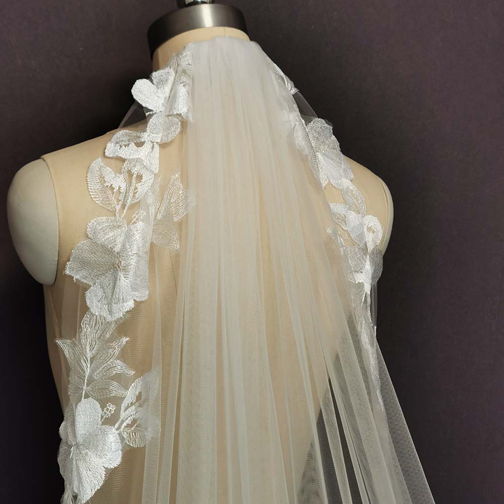 Beautiful Cathedral Flower Lace Wedding Veil 3 Meters 1 Layer Soft Tulle with Comb - TulleLux Bridal Crowns &  Accessories