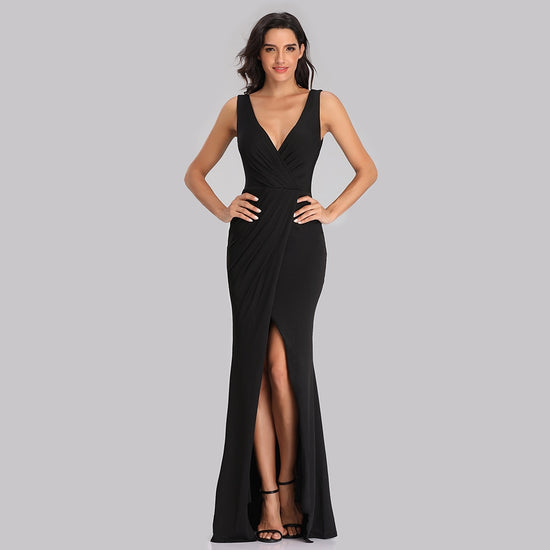 Sexy Mermaid V-Neck Evening Pageant Dress Gown Pleated Waist High Slit - TulleLux Bridal Crowns &  Accessories 