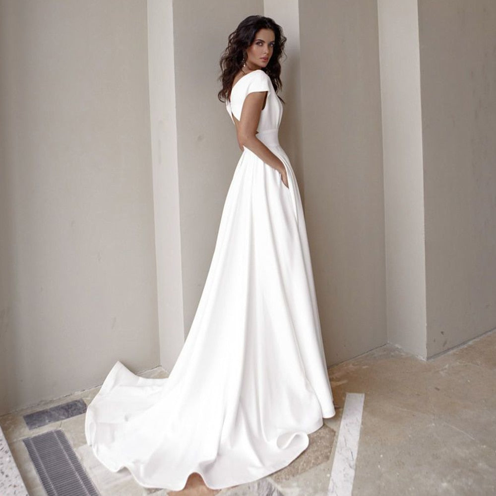 Modest V-Neck Sweep Train Slit A Line Bridal Gown Dress with Pockets - TulleLux Bridal Crowns &  Accessories 
