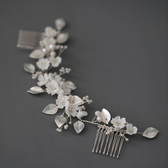 Silver Bridal Hair Comb White Porcelain Flower Wedding Headpiece - TulleLux Bridal Crowns &  Accessories 