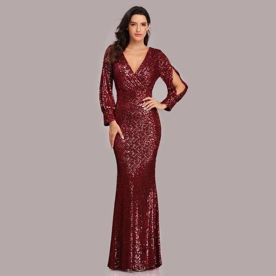 Sexy V-neck Sequined Mermaid Evening Dress Long Formal Party Gown - TulleLux Bridal Crowns &  Accessories 