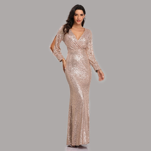 Sexy V-neck Sequined Mermaid Evening Dress Long Formal Party Gown - TulleLux Bridal Crowns &  Accessories 