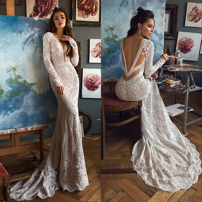 Crochet Lace Mermaid Wedding Dress Vintage Sexy Backless Bridal