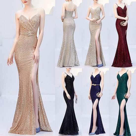 Sequined Evening Pageant  V-Neck Sleeveless Mermaid Gown - TulleLux Bridal Crowns &  Accessories 