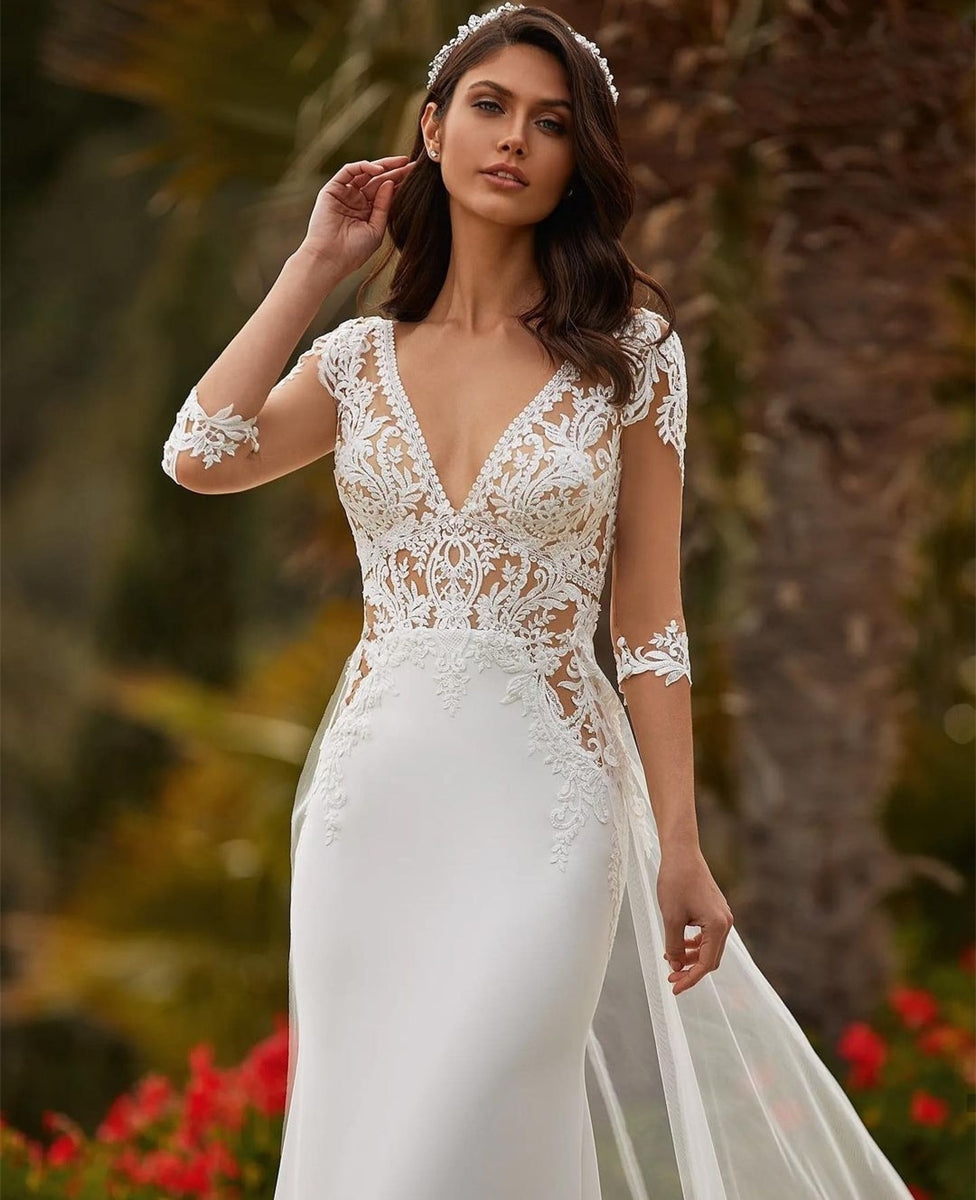 Bohemian Mermaid Wedding Dress Detachable Train 34 Sleeve Lace Sleeve Tullelux Bridal Crowns 3075