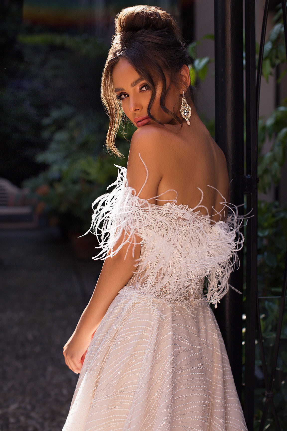 Charming Off the Shoulder Lace Wedding Bridal Gown With Ostrich Feathers - TulleLux Bridal Crowns &  Accessories 
