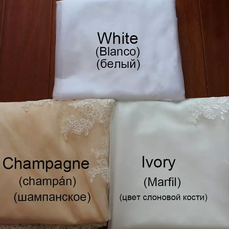 Color swatches of satin fabrics: white, champagne, and ivory with lace detailing.